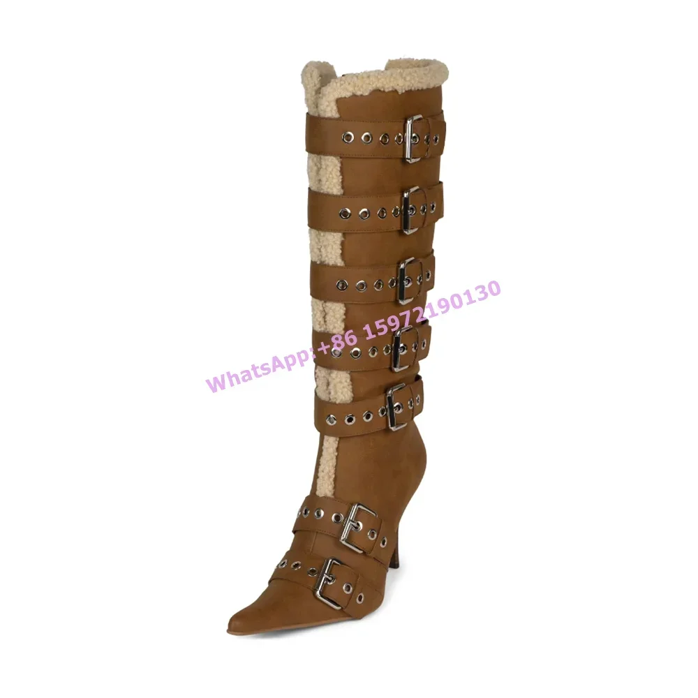 Black Beige Buckle Belt Knee High Boots Fur Patchwork Edge Piping Thin Heels Runway Shoes Hotties Vocation Winter Boots 2024