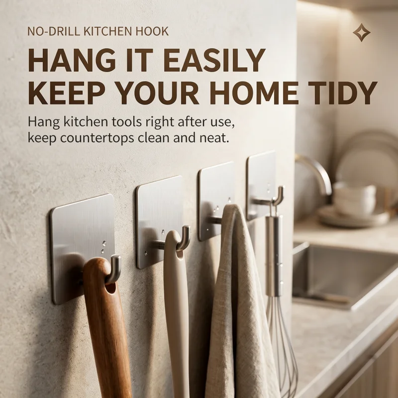 Stainless Steel Adhesive Wall Hooks, Punch-Free Heavy Load Hanging Hook for Bedroom Restroom