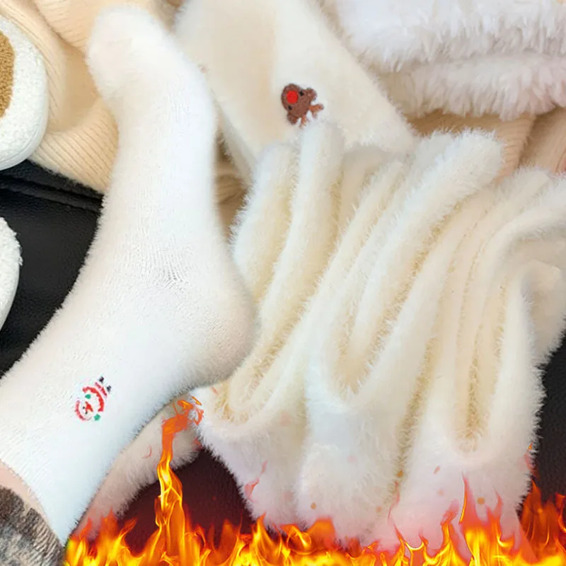 

Winter Mink Fur Christmas Socks White Snowman Santa Claus Tree Elements Middle Tube Socks Soft Cute Thickened Warm Fluffy Socks