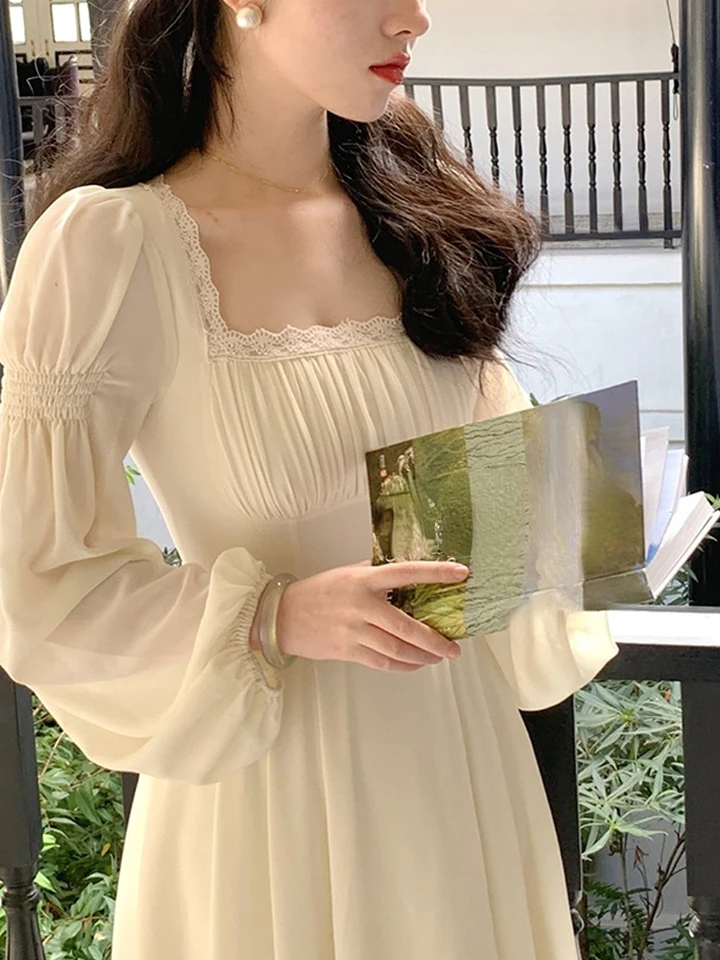 2023 Spring French Elegant Solid Midi Dress Woman Long Sleeve Fairy Party  Dresses Casual One Piece Dress Korean Female Fashion - AliExpress 200000345