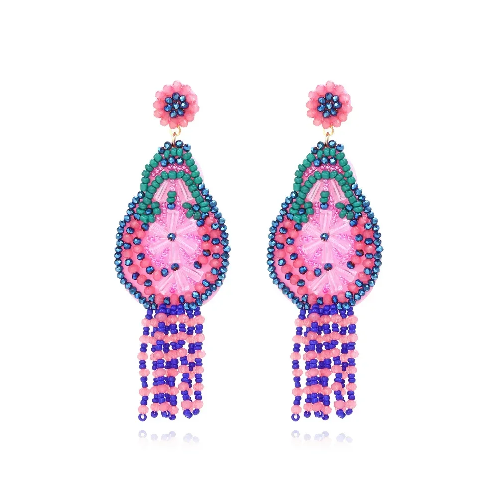 

2025 Handmade Bead Earring Crystal Water Drop Originality Hand Knitting Bohemia Geometry Tassel Beaded Earrings for Women