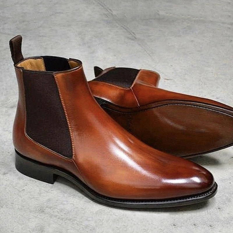 New Brown Chelsea Boots for Men Black Business Handmade Men's Short Boots Round Toe Slip-On Ankle Boots 