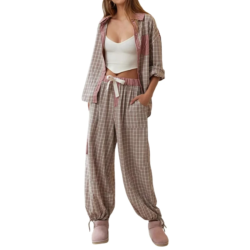 Women Christmas Pajamas Set Striped Holiday Sleepwear Button Down Long Sleeve Shirt and Pants Lounge Pj Nightwear Loungewear