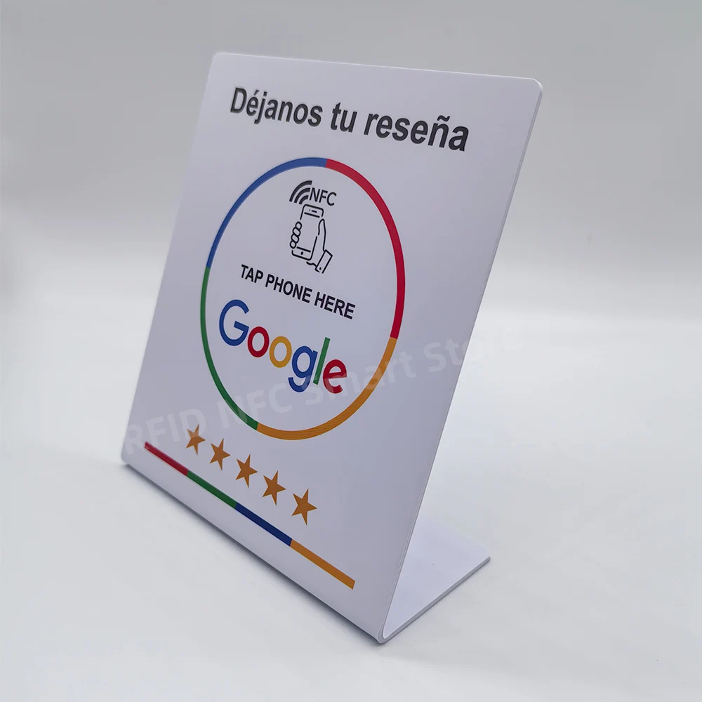 Support debout programmable pour carte Google Review, 13.56MHz, table de station NDavid, affichage Sie uns et Auf, bois