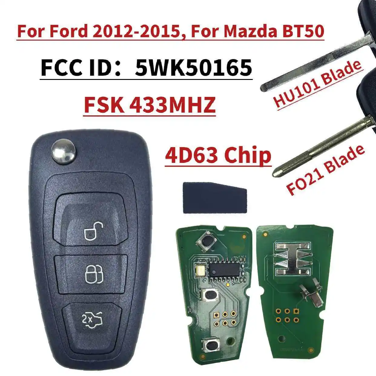 JXKEY 5WK50165 434MHz FSK 4D63 Chip Flip Remote Key for Ford Ranger 2011-2015,for Mazda BT50 2011 2012 2013 2014 2015 key/Shell