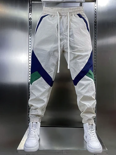 Pantalones de chándal blancos y Beige de retales para hombre, pantalones holgados para correr, pantalones deportivos informales hasta el tobillo para primavera y verano