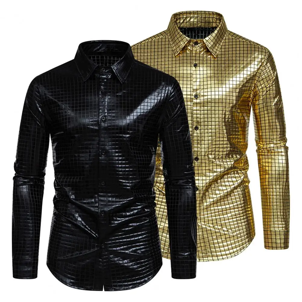 Classic Men Shirt Shiny Glossy Men's Club Shirt with Turn-down Collar Single-breasted Design for Stage Show Costume Loose Fit