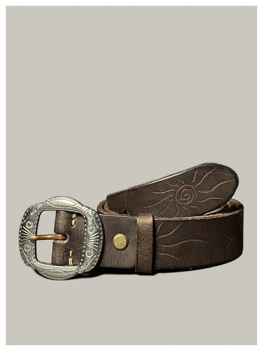 Japanese handmade leather carved men's denim casual belt retro steel buckle first layer cowhide belt 290 coffee