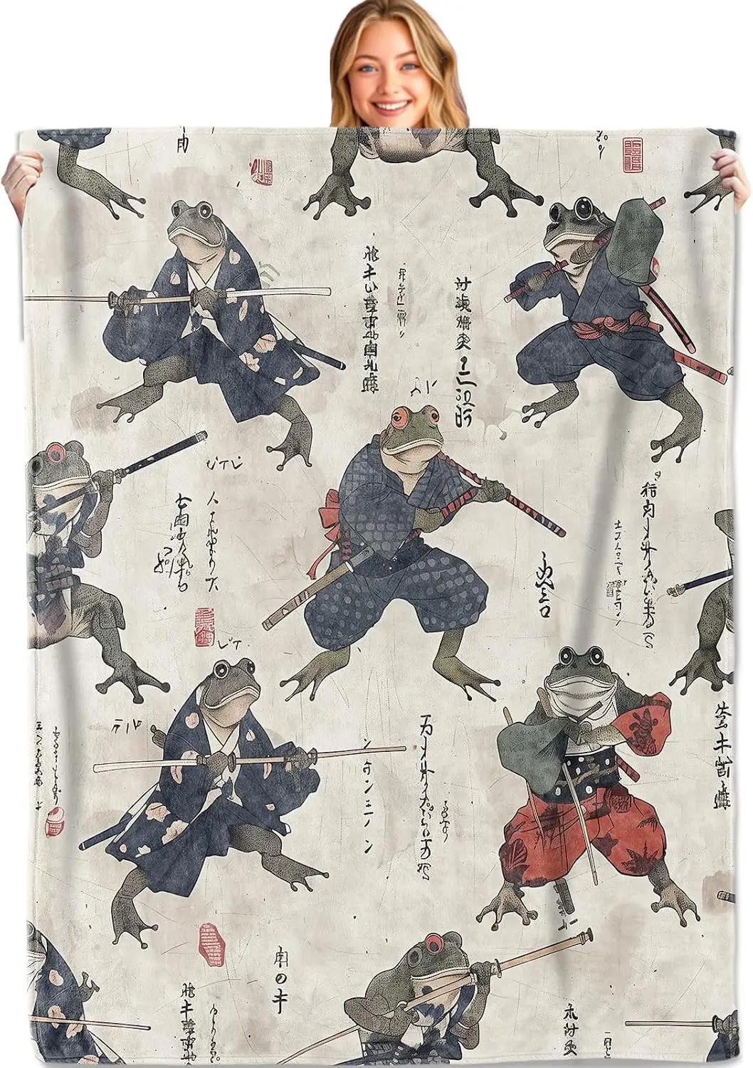Antique Woodblock Style Sword-wielding Frog Art Throw Blanket Used for Couch Rest Bedroom Picnic Casual Warm Home Ornament