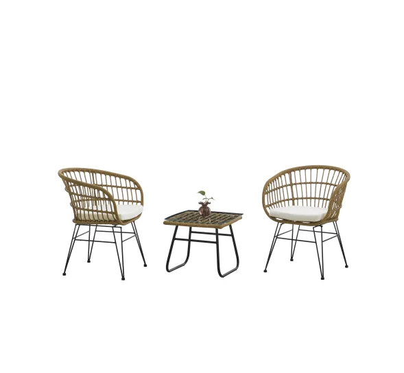 outdoor all-weather polyethylene rattan 2-seat chair tempered glass table set for parks, terraces, gardens, living rooms