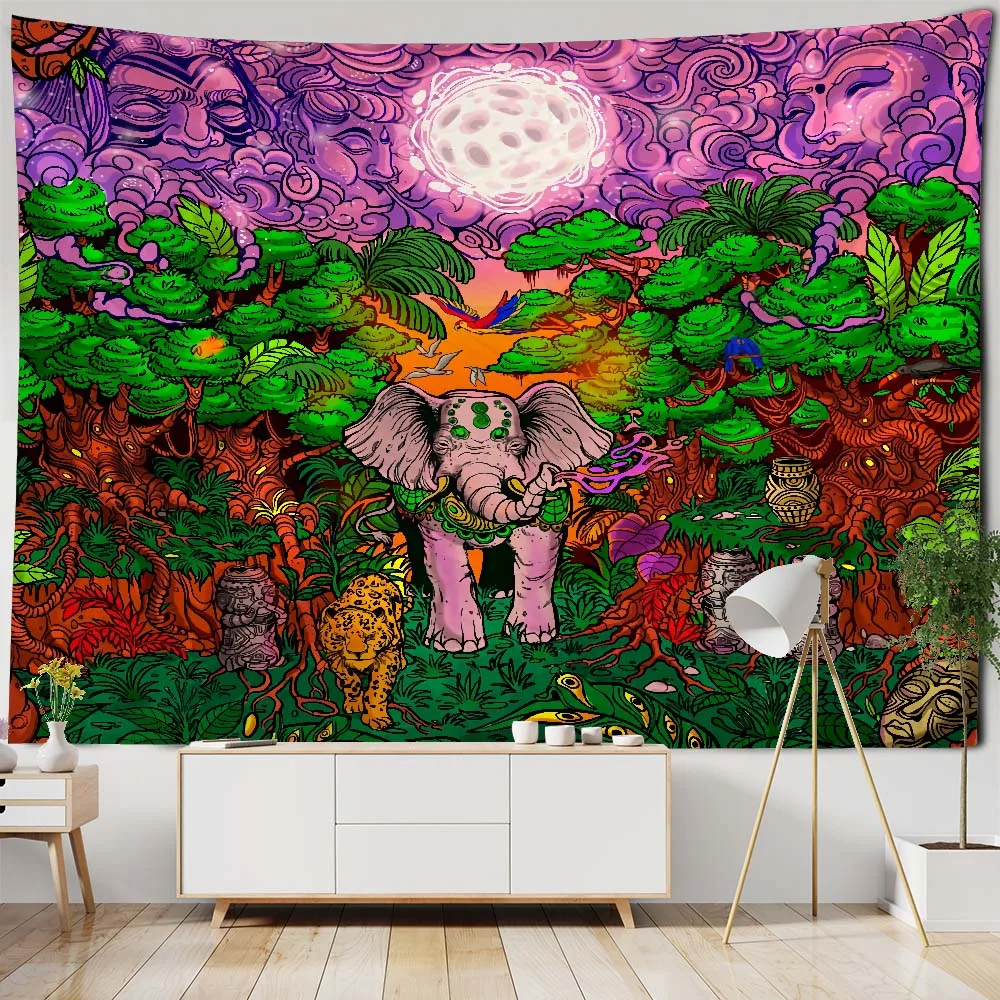 3D mural, elephant print, tapestry, mandala geometry, fractal art, wall hanging, bohemian hippie background, home decoration