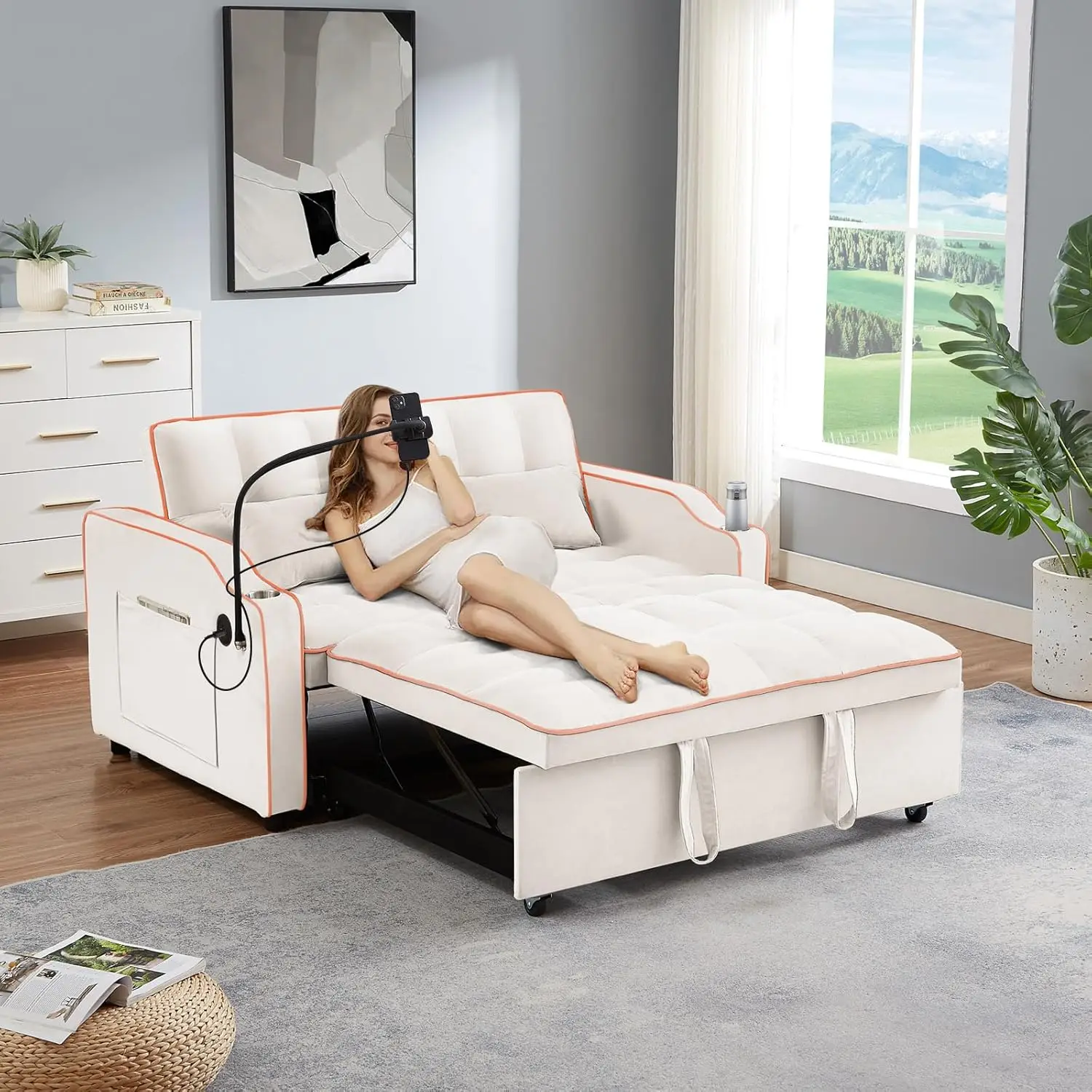 Sofá extraíble de terciopelo Convertible 3 en 1, cama con puerto USB y tipo C, respaldo ajustable cómodo, soporte para teléfono y portavasos