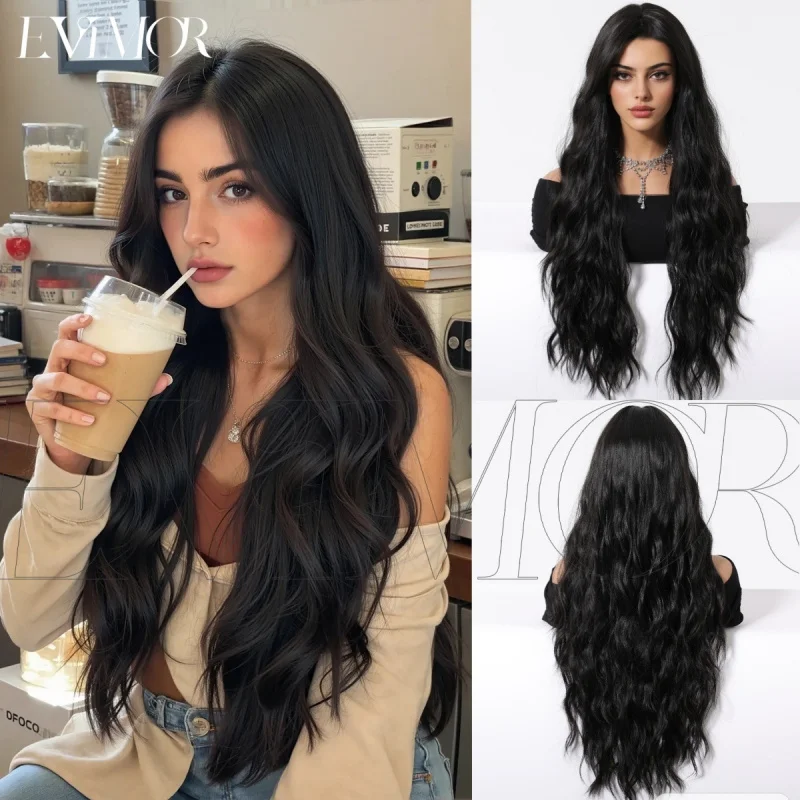 

Women's with middle parting, long curly black wavy synthetic fiber full head wig manufacturer