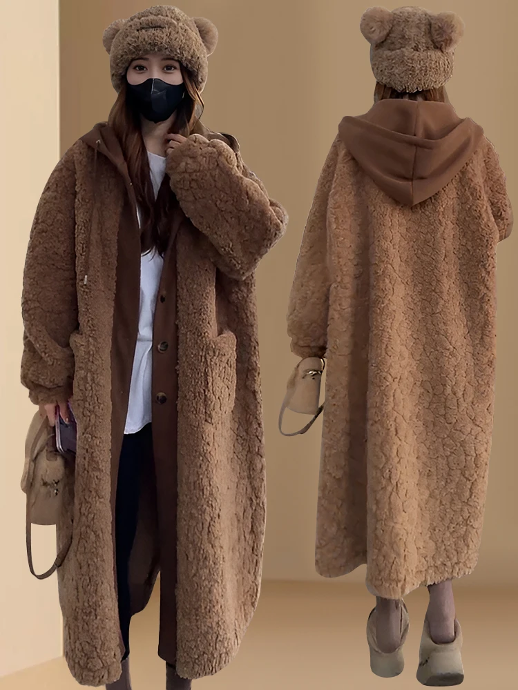 Warmth Women's Loose Fit Hooded Coat Fur Outerwear Autumn Winter Thickened Large Coat Commute Style  Body Type Fit