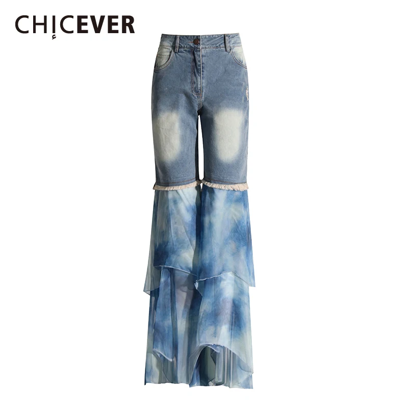 

CHICEVER Spliced Mesh Denim Jeans For Women High Waist Patchwork Pockets Vintage Slimming Hit Color Pant Female Fashion Clothing