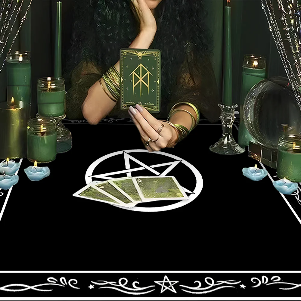 Black Pentagram Altar Cloth Tarot Cloth Mystical Divination Cloth Tarot Card Tablecloth with Elegant White Border Tarot Mat Deco