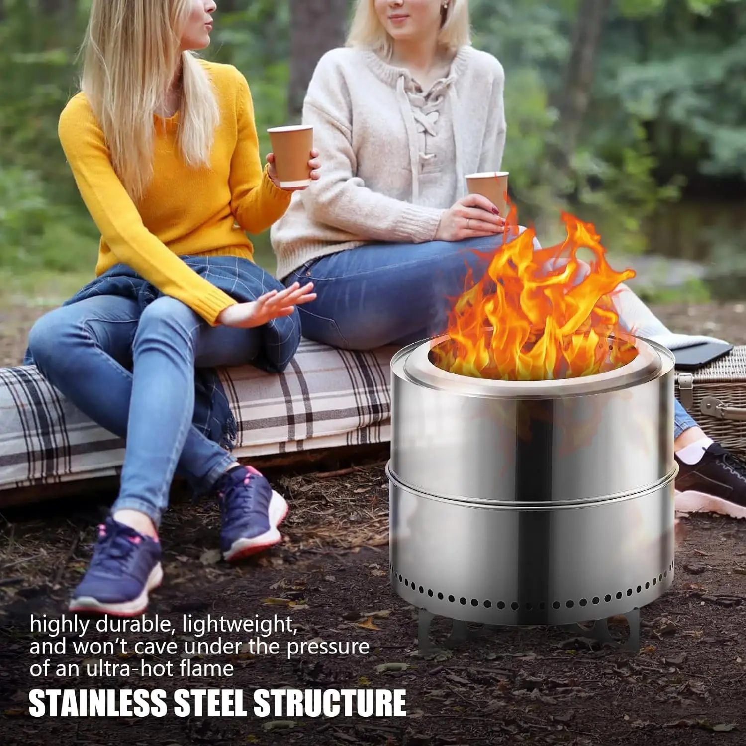 19 Inch Smokeless Fire Pit W/Stand Stainless Steel Wood Burning Fireplaces W/Removable Ash Pan Outdoor Backyard Patio Firepit