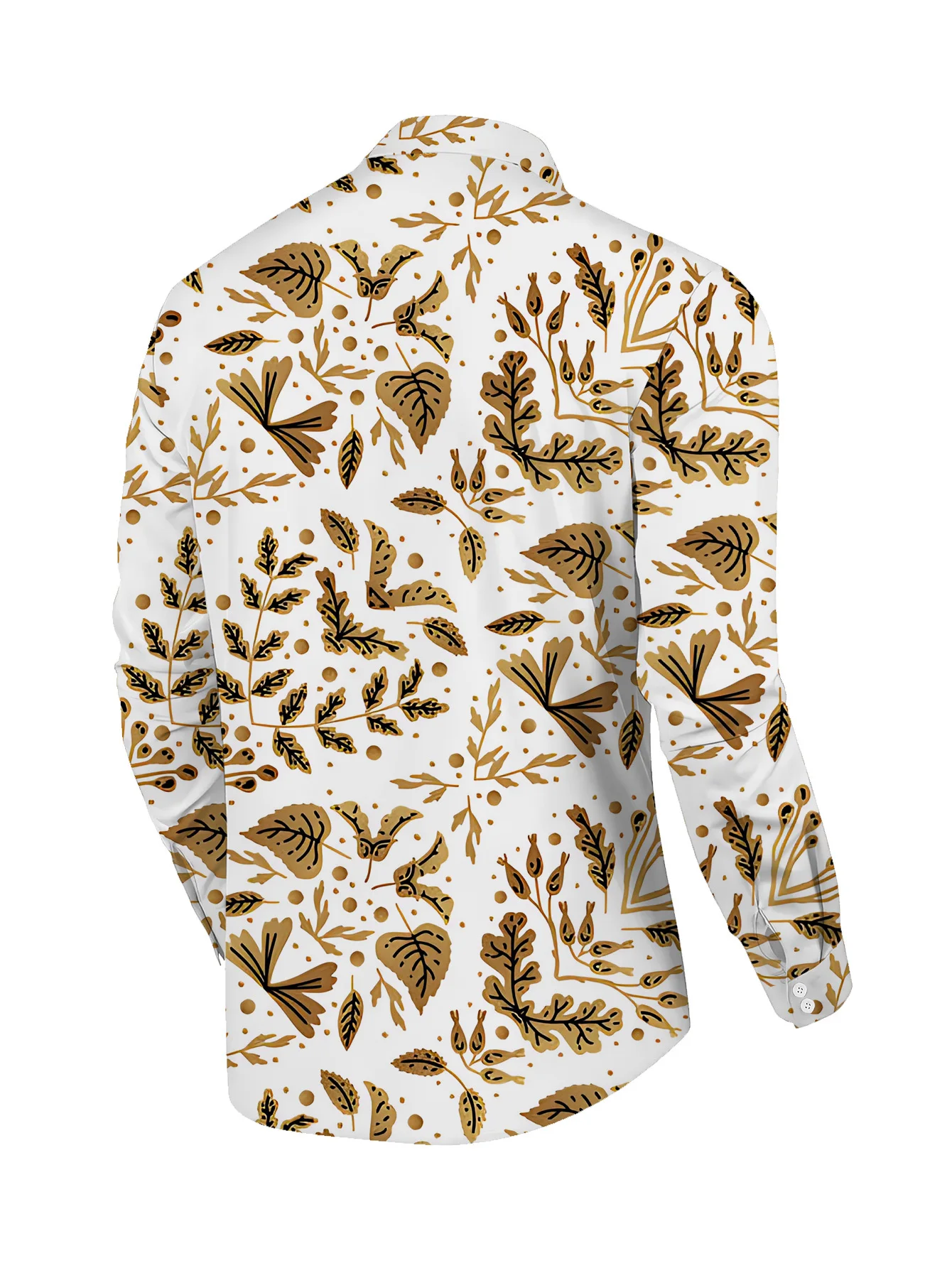 Men Long‑Sleeve Button‑Down Shirt White Golden Leaf Botanical Print Polyester Lapel Collar Vacation Party