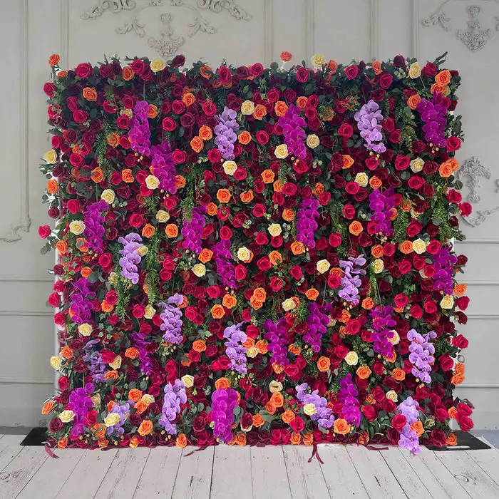 

3D orange-red rose purple Phalaenopsis and green leaves artificial flower wall wedding background decoration party event layout