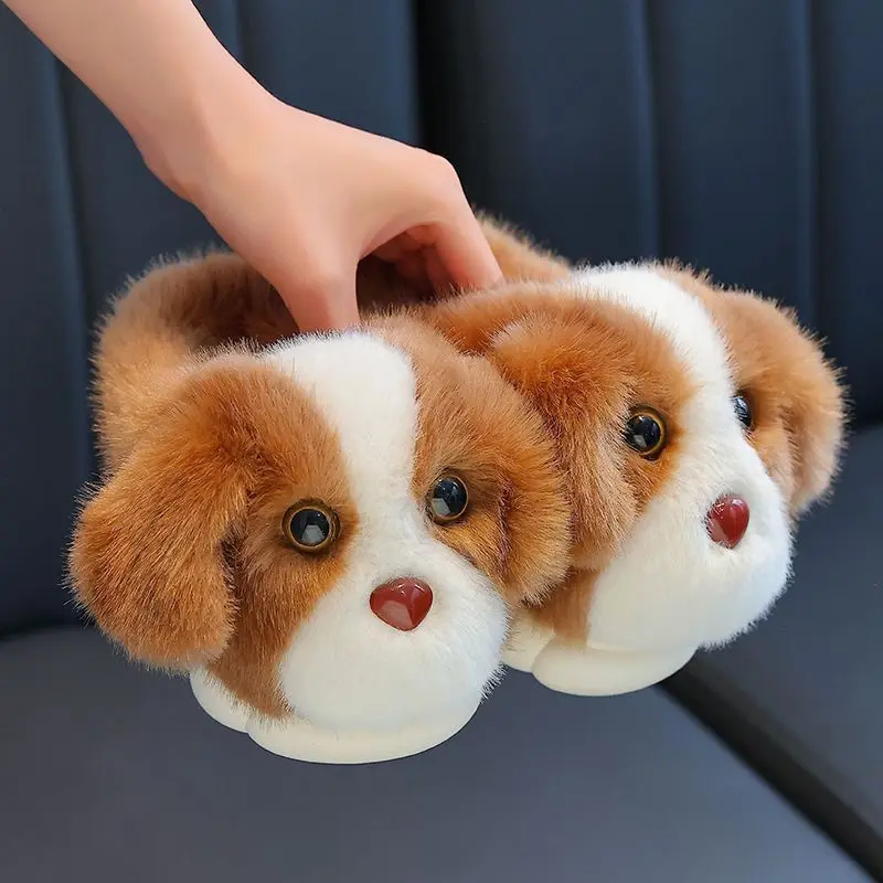 Kids'Slippers Plush Cartoon Fluffy Suede Winter Shoes For Children Anti-slip Thick Bottom Home Slipper Grey Pink Size 24-37