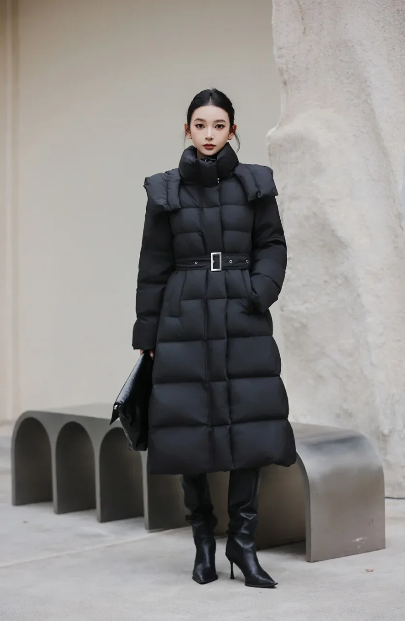 

Winter 90% White Duck Down Puffer Jacket Long Women's Loose Down Jacket with Hood Elastic Waist for Slim Fit Tie-Up Outerwear