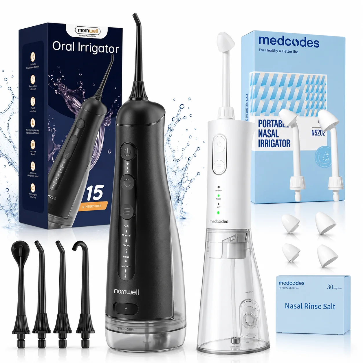 Mornwell Munddusche & Nasenspülflasche Kombi-Set, Wiederaufladbarer Zahnreiniger und Nasenwasch-Kit, 300ml Tragbare Munddusche und Nasenspülung mit Mehreren Modi, Wasserdichtes Zahnreinigungssystem &