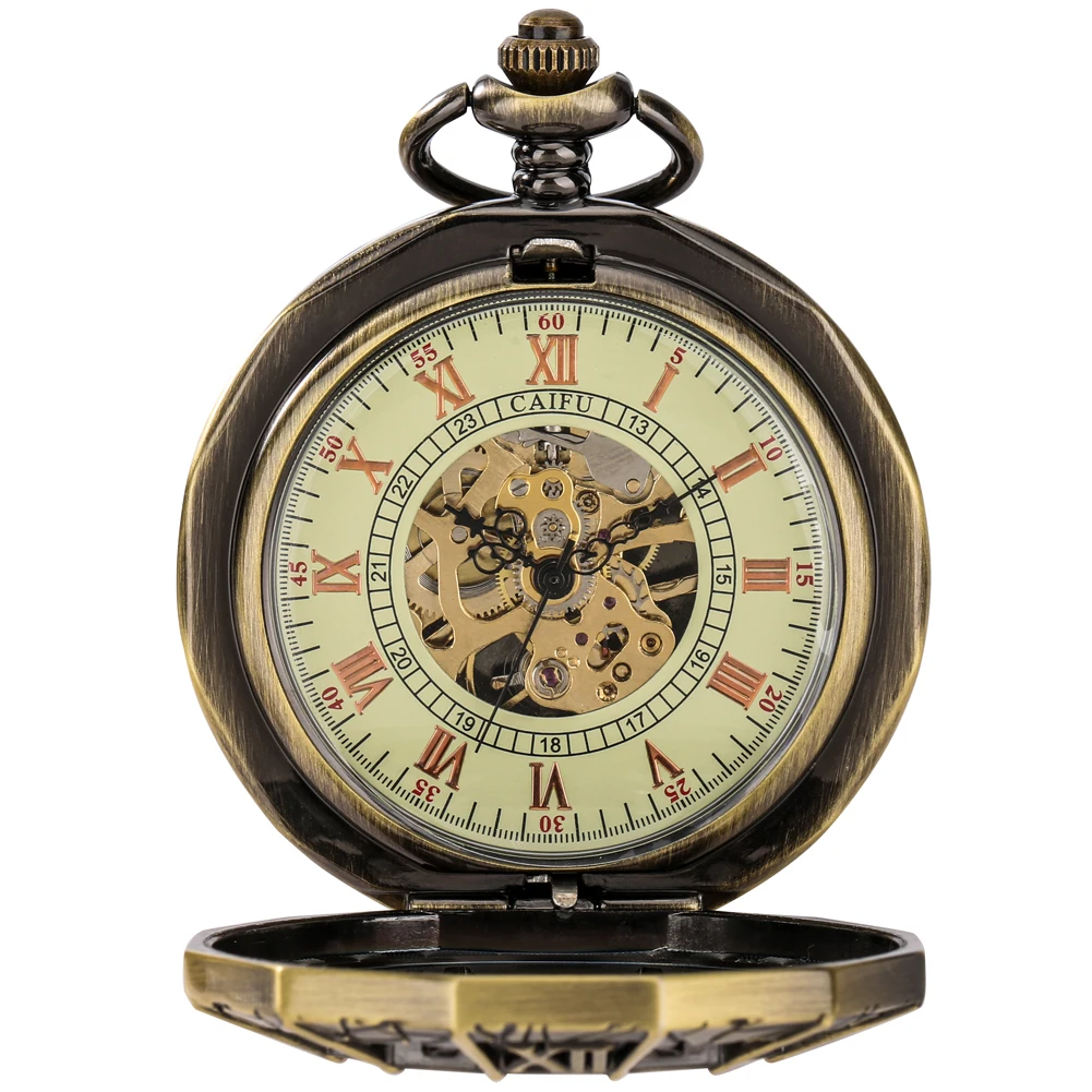 Automatische mechanische Taschenuhren römische Ziffer Zifferblatt aushöhlen Abdeckung Retro Anhänger Uhren Taschenuhr Geschenk für Männer Frauen