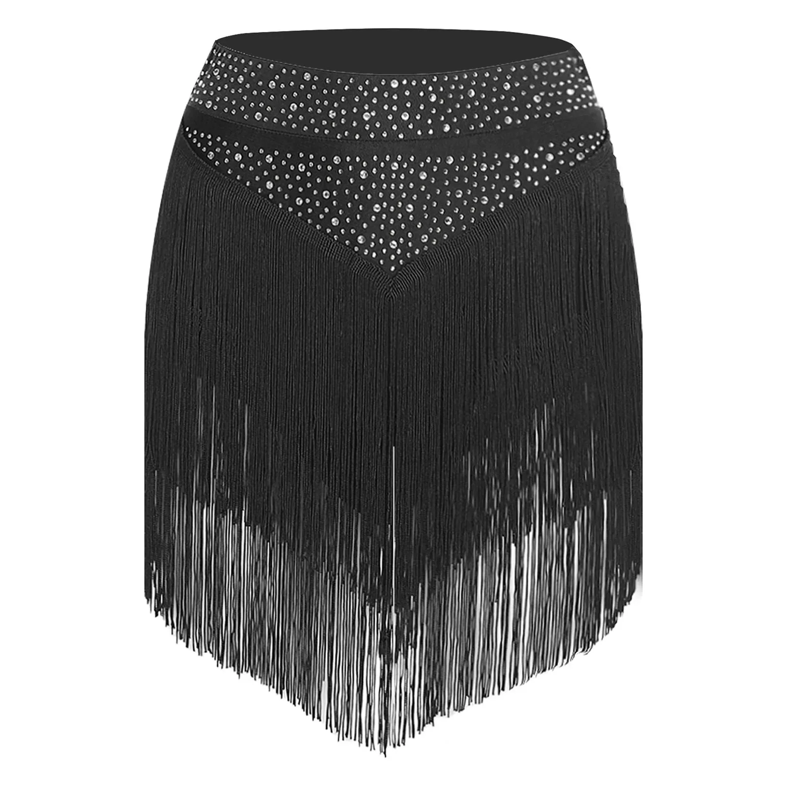 

Women Latin Dance Fringed Skirted Tango Rumba Samba Performance Costume Chacha Dancewear Elastic Waistband Tiered Tassels Skirt