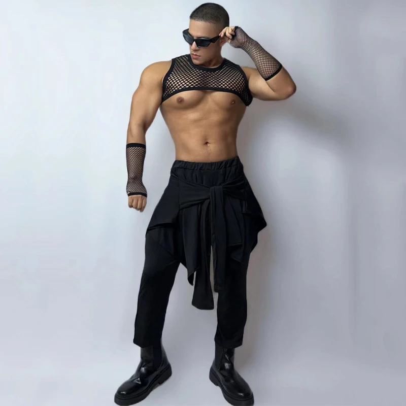 Muscle Man Pole Dance Clothing Bar Nightclub Dj Ds Gogo Dancer Costume Men Black Mesh Top Jazz Pants Stage Rave Outfit XS6480