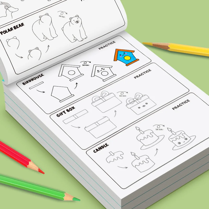 Libro de dibujo de actividades divertidas, comida de animales, tema de vida diaria, 4 pasos para completar el dibujo, cómo aprender, libro de pintura, 96 patrones bonitos