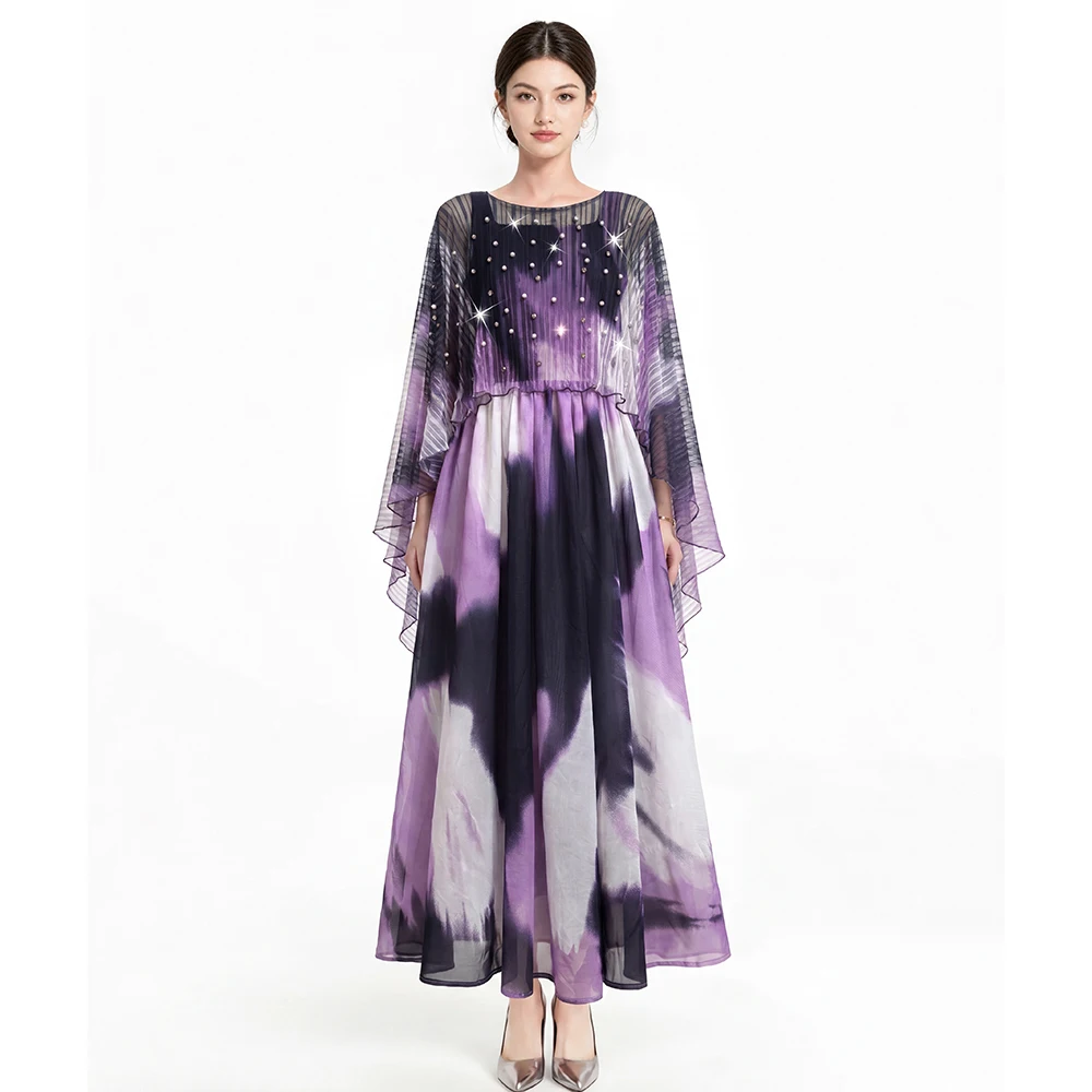 

Elegant 2-Piece Luxury Cape & Abstract Print Dress Set for Luxury Beach Parties & Vacations - Resort Gown