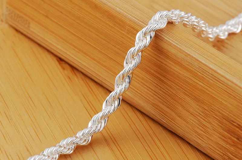 Pulsera de plata de ley 925 para hombre y mujer, cadena de cuerda trenzada de 4MM, joyería clásica a la moda, regalo de fiesta de boda y vacaciones