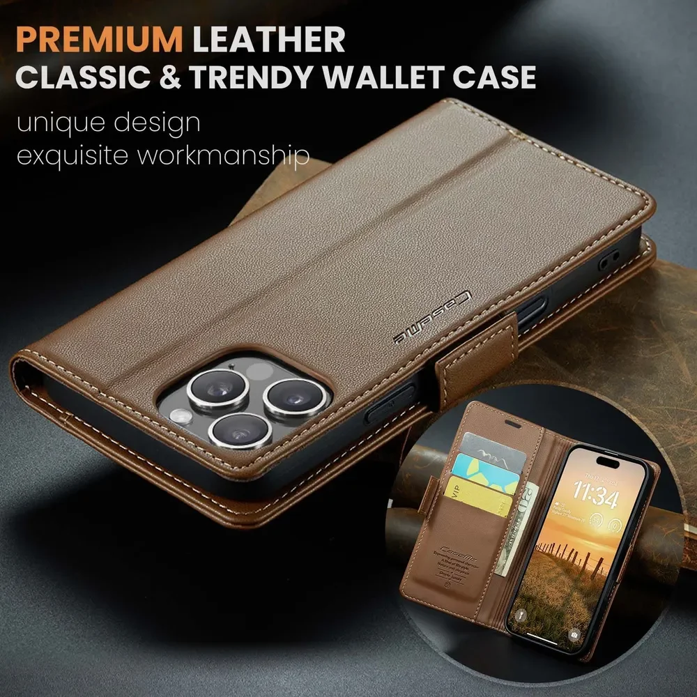 

Flip Leather Case For Apple iPhone 16ProMax RFID Lock Magnetic Closure Card Holder Stand Shockproof Cover capa