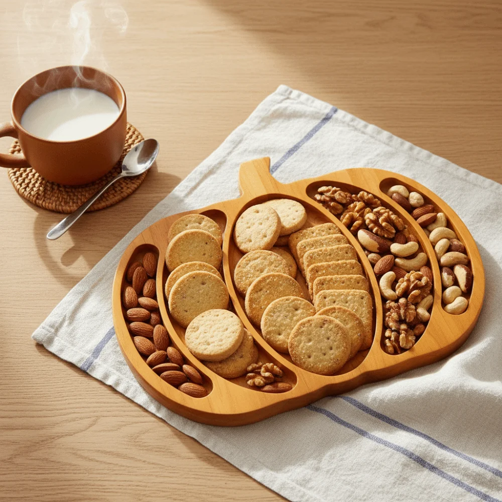 Wooden Halloween Pumpkin Snack Tray 5 Grid with Compartment Snack Serving Plate Sturdy Drop-resistant Nut Platter Parties