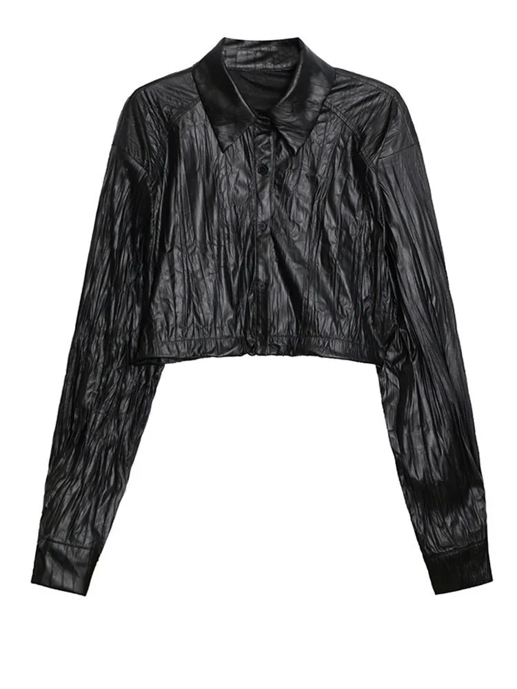 [EAM] Black Pleated Big Size Short PU Leather Jacket New Lapel Long Sleeve Women Coat Fashion Tide Spring Autumn 2024 1DH6874