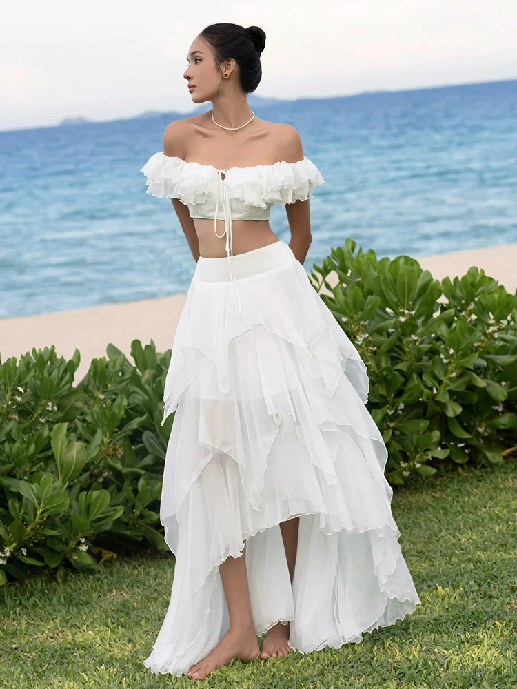 

Weird Puss Elegant 2Piece Set Women Tierred Patchwork Bandage One Shoulder Tops+Irregular Hem Ruffles Skirts Vacation Chic Suits