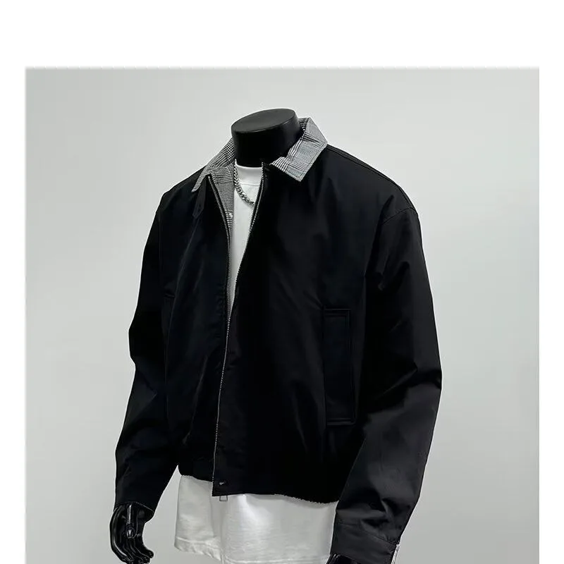 Spring and Autumn Retro Plaid Splicing American Contrasting Color Plaid Lapel Tooling Minimalist Loose Casual Jacket Jacket Men