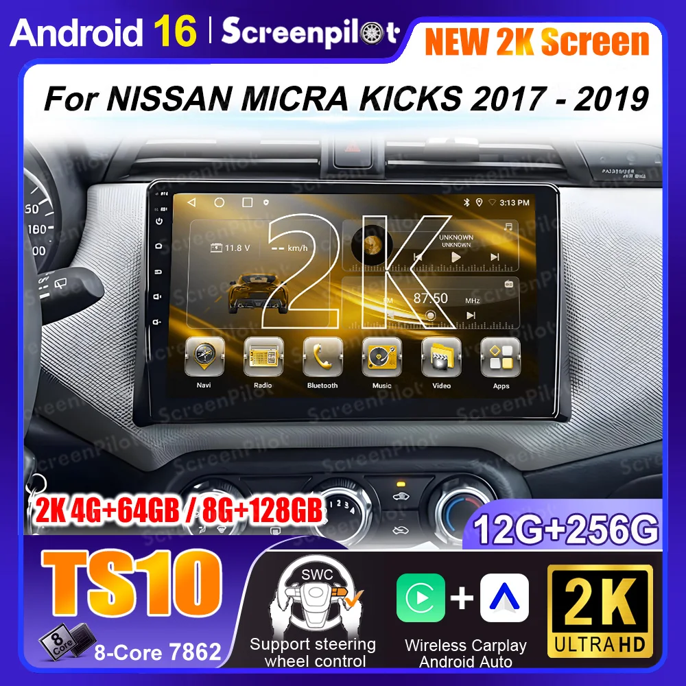 Android 16 Carplay Auto For NISSAN MICRA KICKS 2017 2018 2019 Car Radio Multimedia Video Player Navigation GPS No 2Din 2 Din 4G