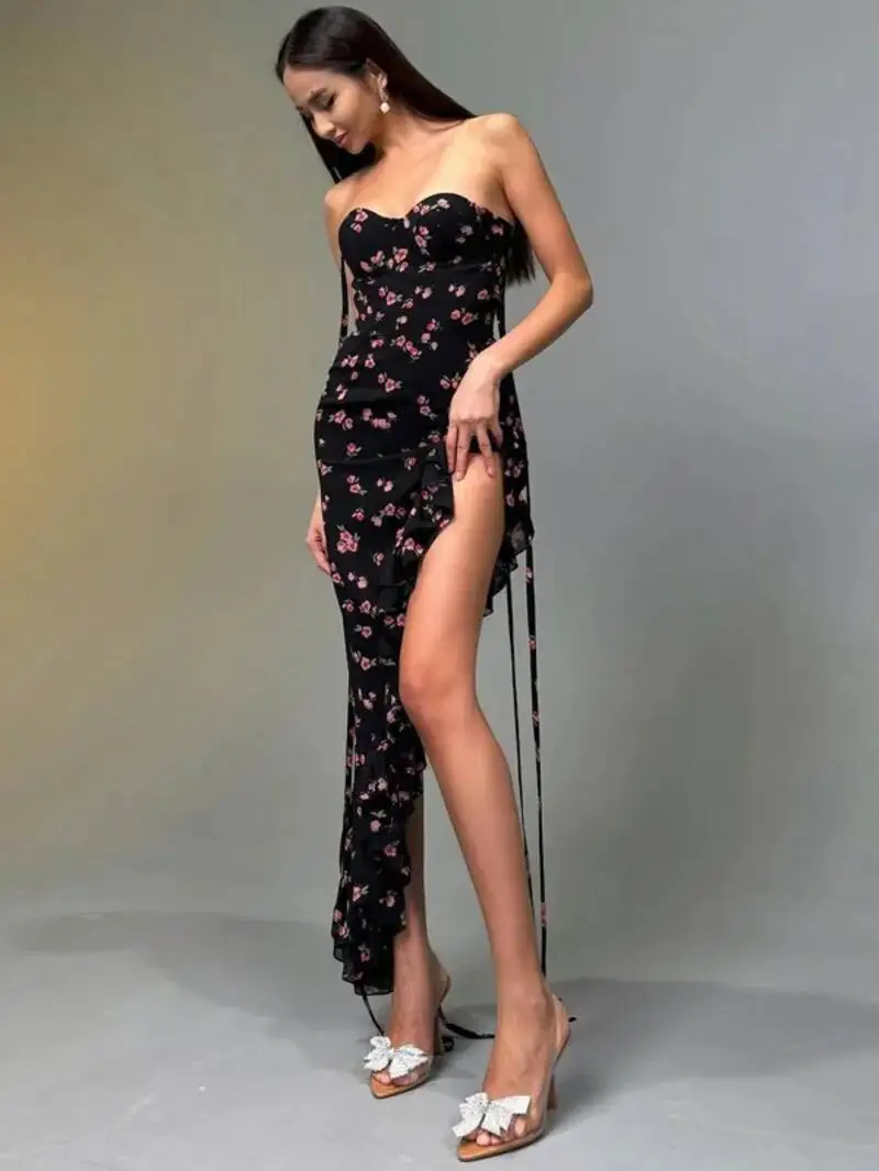 Vestido largo elegante ajustado sexi con volantes irregulares y cordones con espalda descubierta y estampado Floral para mujer, trajes de verano para fiesta de cumpleaños