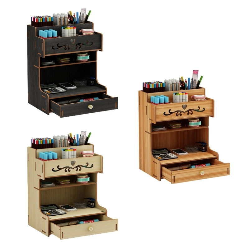 Wooden Pen Holder with Drawer Multi-Functional Desktop Stationary Pencil Box Home Office Art Supplies Rack