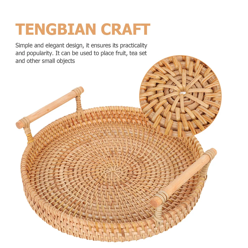 

Woven Rattan Tray Round Coffee Table Organizer for Fruits Vegetables Nuts Decor Rustic Serving Tray for Living Room Picnic
