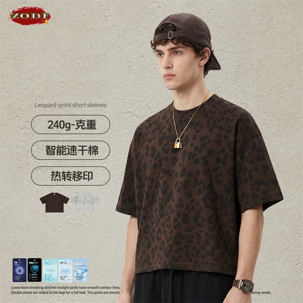 ZODF Retro 2026 Men Leopard Printing Boxyfit T-Shirts Unisex Summer Loose High Street Quick Dry Tee Shirt Brand Tops HY1191