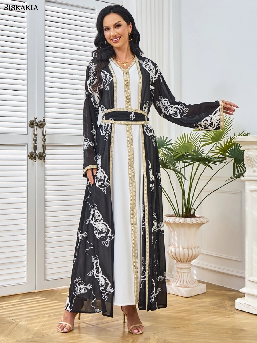 Siskakia Dubai Embroidery Long Abaya Muslim Mesh Sleeve Belted Kaftan Two-Piece Set Dress Belt included
