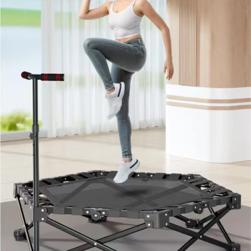 Foldable Kids Trampoline, Hexagonal Indoor Rebounder with Adjustable Handle & Safety Bar, Portable Exercise Bouncer for Home Use
