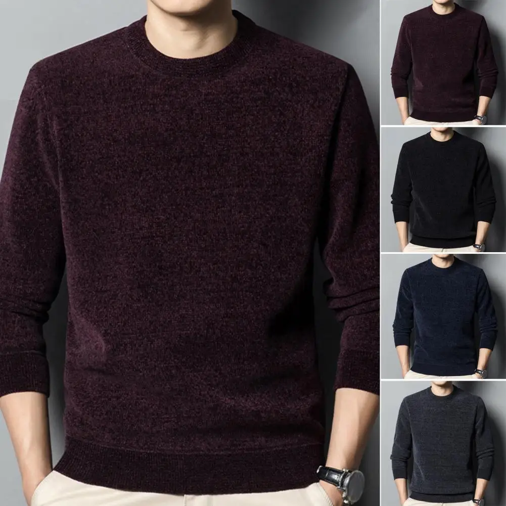 Men Fall Winter Sweater Plush Lined Round Neck Knitted Elastic Pullover Loose Keep Warm Work Business School Sweater Свитер