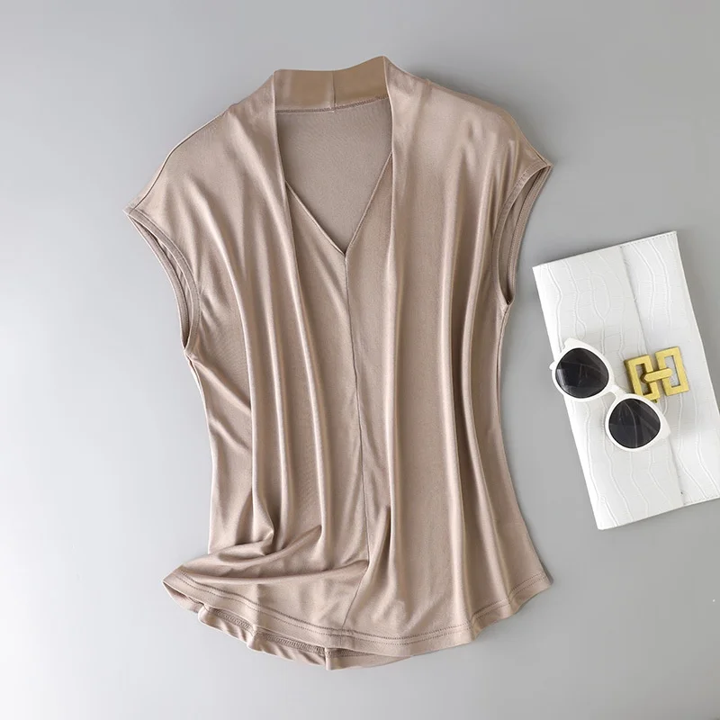 Birdtree, 23% Silk 77% Viscose Solid T Shirt, V-Neck Soft Basics Tops, Women's Sleeveless Casual Shirt, 2026 Spring New T62216JF