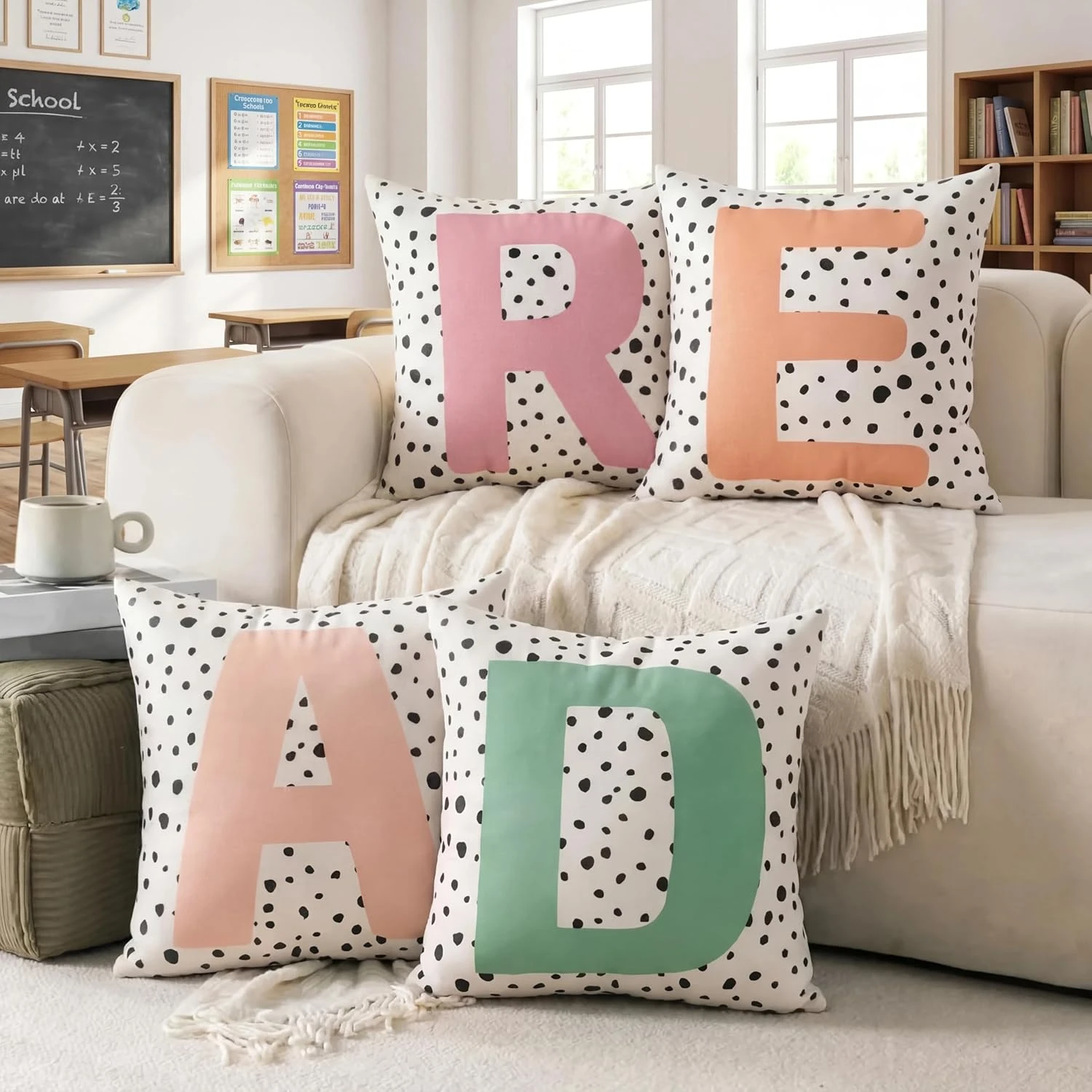 4pc Dalmatian Polka Dot Letter Throw Pillow Covers Set of 4 Modern Pastel Alphabet Decorative Pillowcases for Classroom Playroom