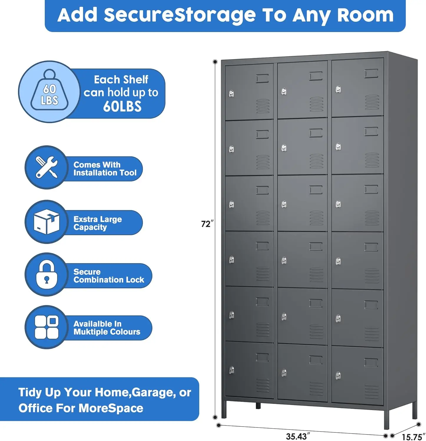 خزانة تخزين معدنية مع 18 بابًا، خزائن موظف فولاذية لغرفة نوم المكتب والمدرسة والصالة الرياضية، تتطلب التجميع