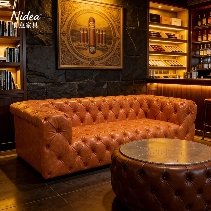 Modern Luxury Orange Leather Chesterfield Sofa Full Tufted Low Profile 3 Seater Hotel Upholstered for Creative Culb Bar