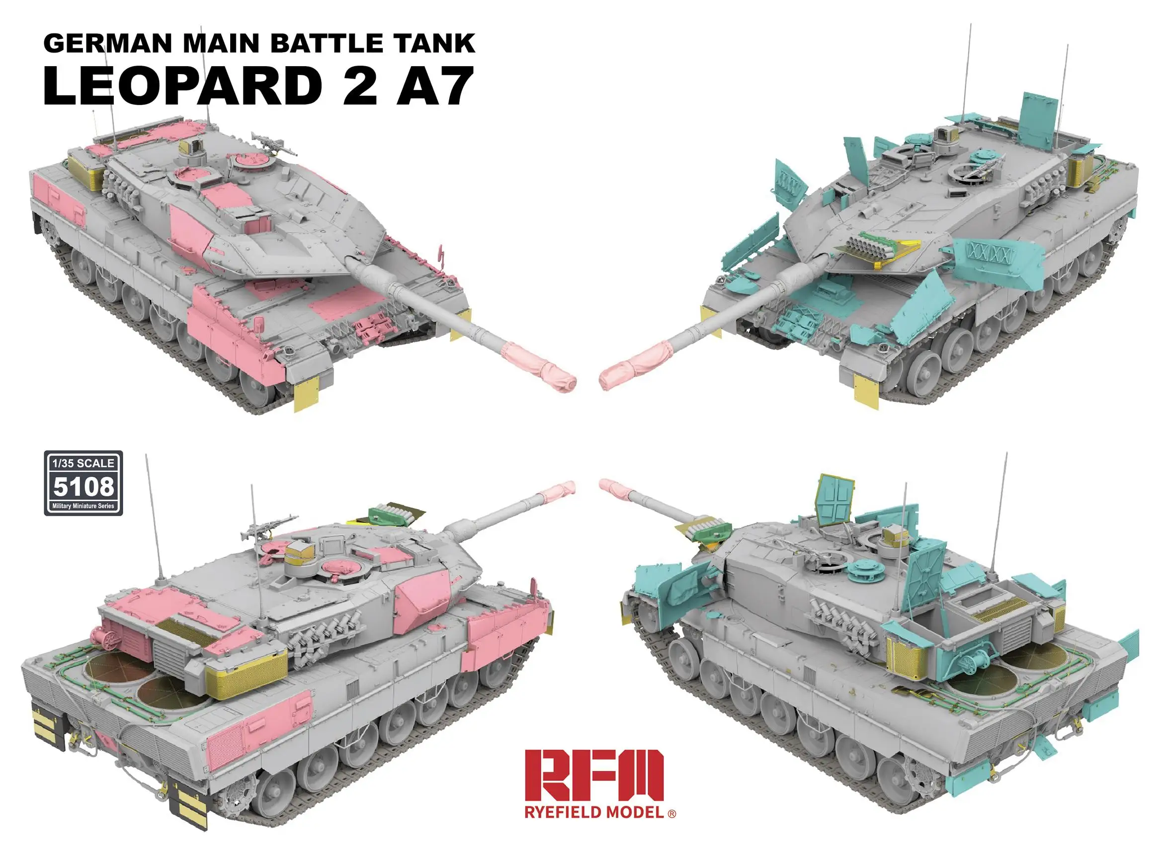 RYEFIELD 5108 1/35 LEOPARD 2A7 MAIN BATTLE TANK SHELL VERSION WITH MOVABLE TRACKS MODEL KIT